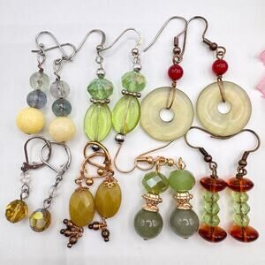 Vintage To Now Gemstone & Glass Bead Earring Lot Shades Of Green 7 Pair Eclectic